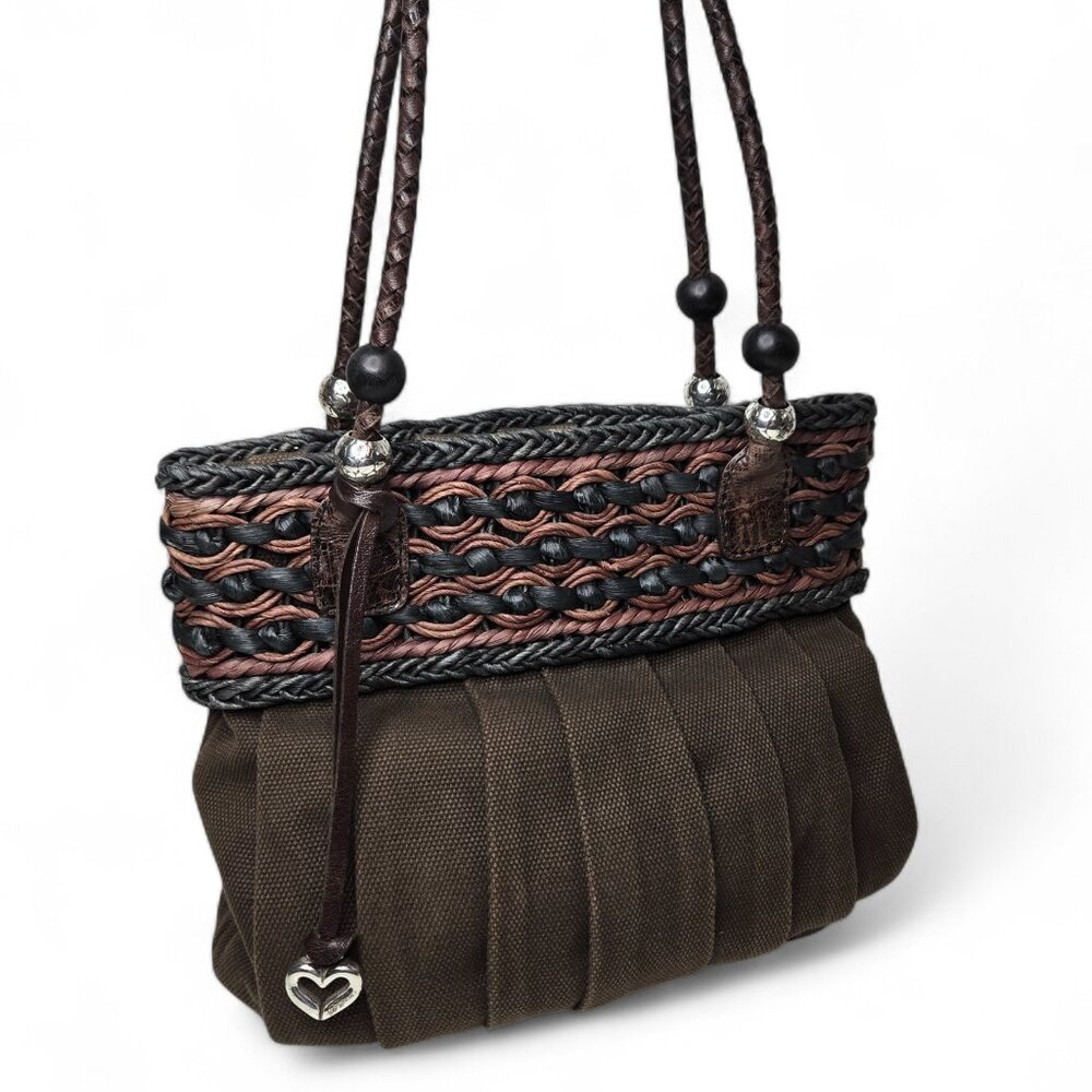Brighton Weathered Canvas Shoulder Purse Chunky Straw Top Braided Strap Boho Bag